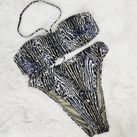 Victoria's Secret Bikini Set Animal Print Bandeau High Waist High Cut Swimsuit M - Picture 1 of 9